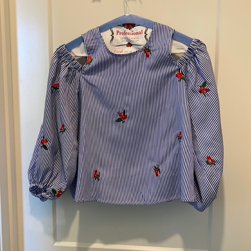 Blue and white girls striped cool shoulder blouse